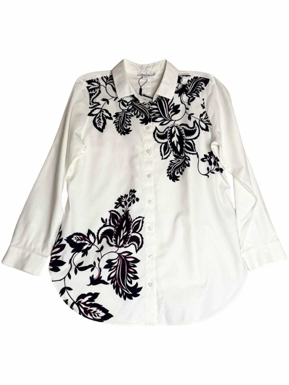 Chico's No Iron‎ Floral Stretch Tunic Button Down White Black Size 1 / US 8